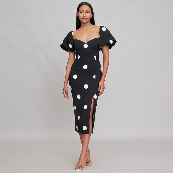 H&M‎ Black Polka Dot Midi Dress Puff Sleeve Sweetheart Neckline Size XL - Picture 1 of 16